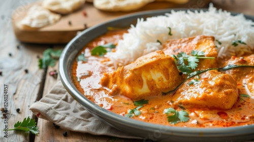 A delicious plate of fish curry, with tender fish fillets simmered in a spicy and tangy tomato-based gravy, served with steamed rice and papadum. photo