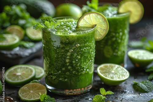 Green Detox Smoothie - Fresh, vibrant green color, garnished with a slice of lime and mint leaves