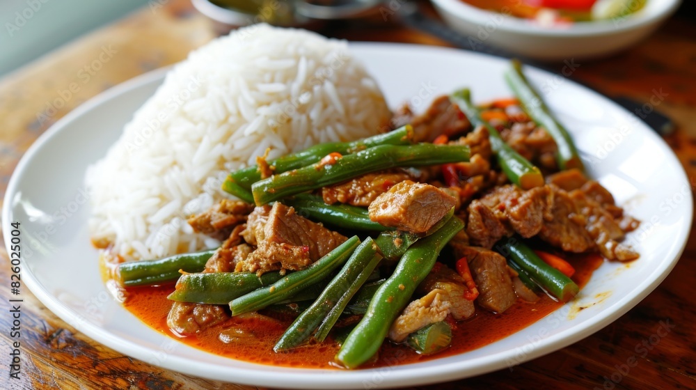 A delicious plate of Pad Phrik King, Thai stir-fried green beans and pork belly in a spicy red curry paste, served with steamed jasmine rice. A delicious plate of Pad Phrik King, Thai stir-fried green beans and pork belly in a spicy red curry paste, served with steamed jasmine rice.