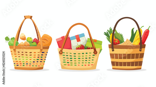 Grocery food basket. Eco shopping bags and baskets