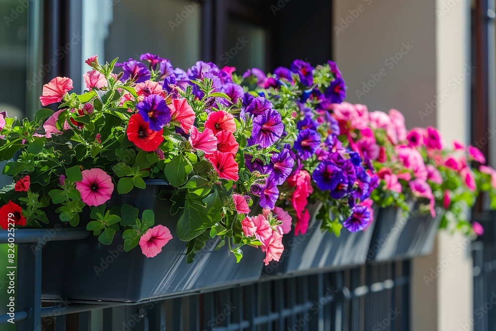 Flower boxes with colorful petunias on the balcony railing Flower boxes with colorful petunias on the balcony railing