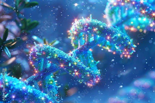 Sparkling multicolored DNA strands floating in a cosmic void, highlighting the universal implications of genetic research