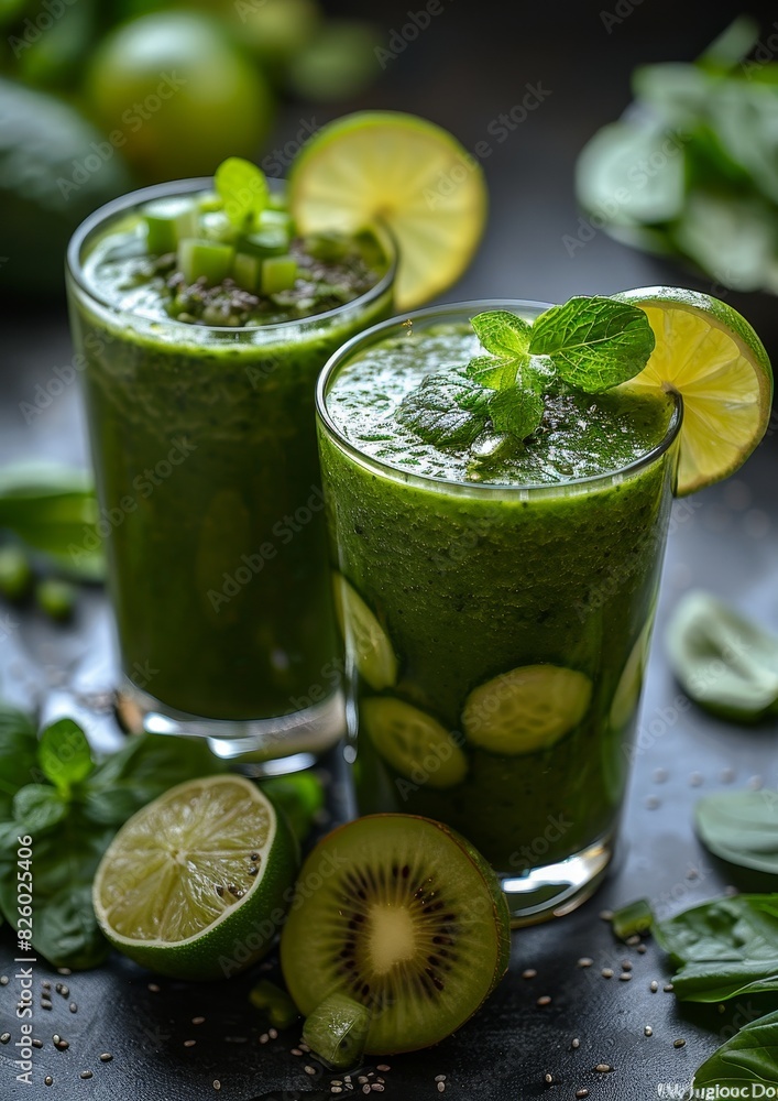Green Detox Smoothie - Fresh, vibrant green color, garnished with a slice of lime and mint leaves Green Detox Smoothie - Fresh, vibrant green color, garnished with a slice of lime and mint leaves