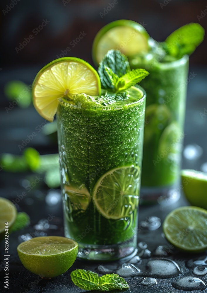Green Detox Smoothie - Fresh, vibrant green color, garnished with a slice of lime and mint leaves Green Detox Smoothie - Fresh, vibrant green color, garnished with a slice of lime and mint leaves