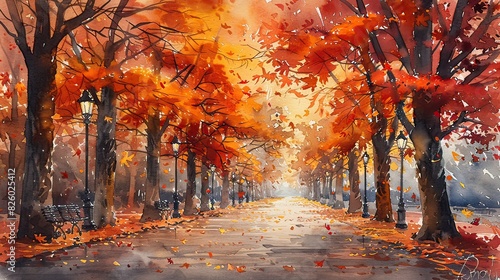 Strolling in a Paris park, autumn leaves falling, watercolor, rich earth tones photo