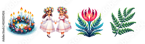 Collection of Ivana Kupala illustrations, isolated on transparent background. Slavic culture and summer solstice celebration concept. Design for poster, greeting cards, stickers, t-shirts. photo