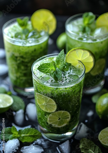 Green Detox Smoothie - Fresh, vibrant green color, garnished with a slice of lime and mint leaves