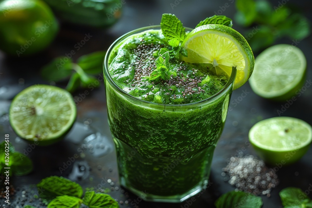 Green Detox Smoothie - Fresh, vibrant green color, garnished with a slice of lime and mint leaves Green Detox Smoothie - Fresh, vibrant green color, garnished with a slice of lime and mint leaves