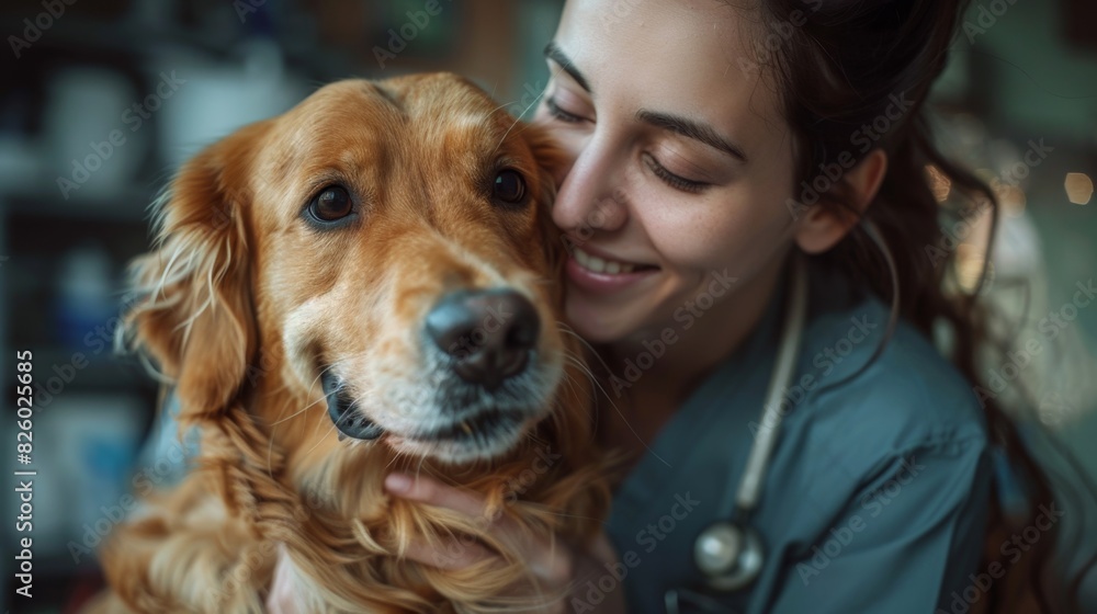 veterinary care, a caring hispanic vet nurse soothing a distressed dog in a clinic with animal-friendly ambiance, soft lighting, and minimalist decor perfect for promotional material veterinary care, a caring hispanic vet nurse soothing a distressed dog in a clinic with animal-friendly ambiance, soft lighting, and minimalist decor perfect for promotional material