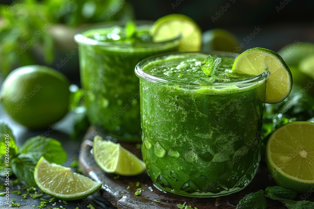Green Detox Smoothie - Fresh, vibrant green color, garnished with a slice of lime and mint leaves Green Detox Smoothie - Fresh, vibrant green color, garnished with a slice of lime and mint leaves