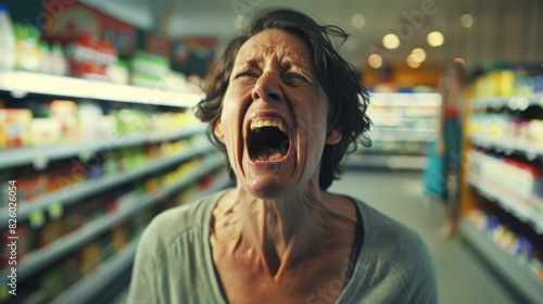 Woman in agony screaming in a supermarket aisle, embodying intense emotion.
