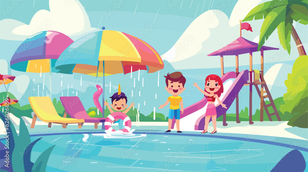 Happy children playing in aquapark. Vector cartoon illustration