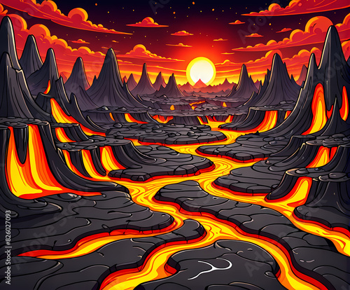 Lava world with volcano - cartoon comic style