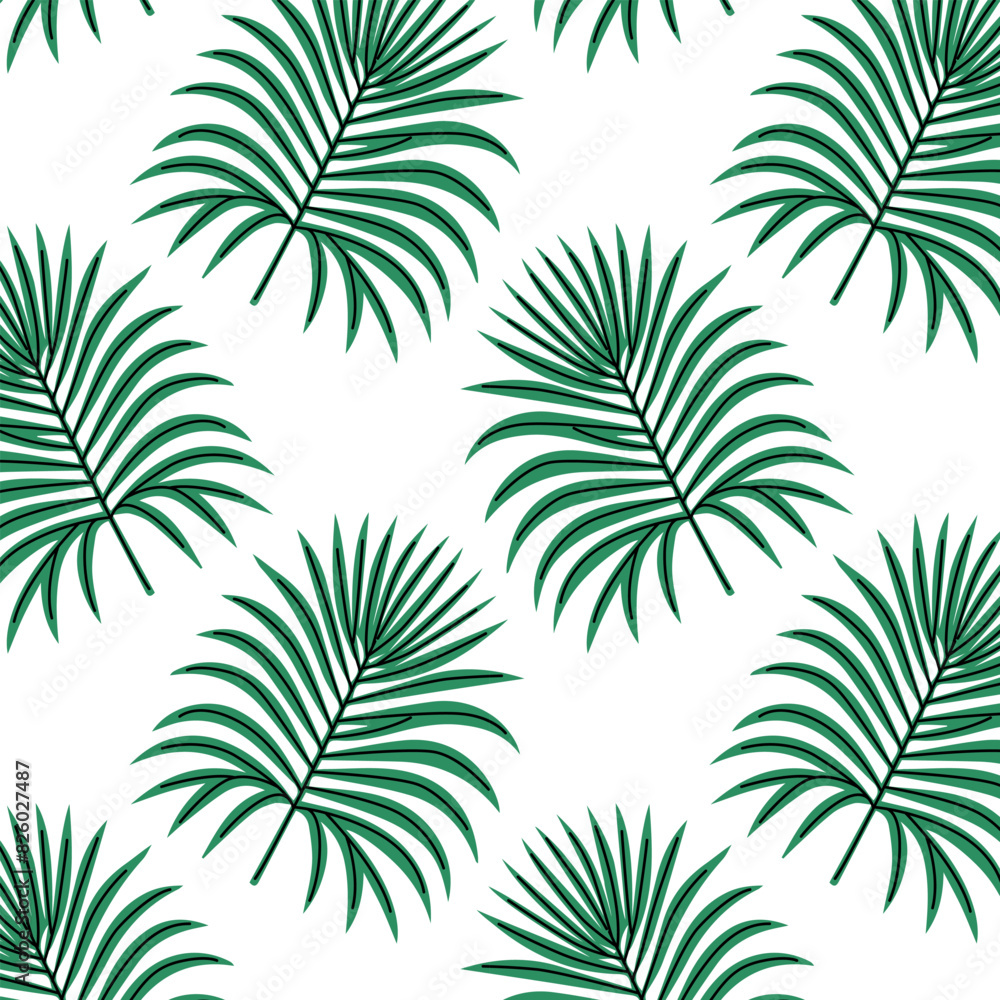 Pattern of tropical and palm leaves. Silhouettes green branches, leaves in minimalist flat style. Exotic summer background with leaves on white background. Print for gift wrapping, fabric, textile