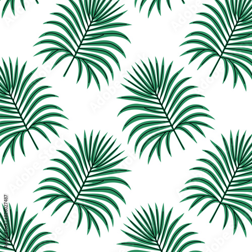 Pattern of tropical and palm leaves. Silhouettes green branches  leaves in minimalist flat style. Exotic summer background with leaves on white background. Print for gift wrapping  fabric  textile