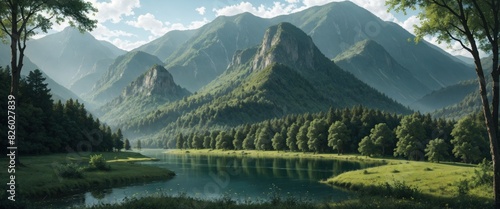 Mountain landscape.Forest panorama.Mirror mountain Lake.Reflection of mountains in water.Blue sky.River valley.Summer landscape.Alpine meadows.Mountains covered with forests.Reserved beautiful place.