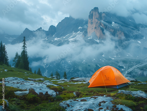 there is a tent pitched up on a rocky hill with a mountain in the background