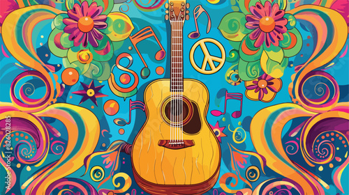Hippie music cartoon banner with acoustic guitar