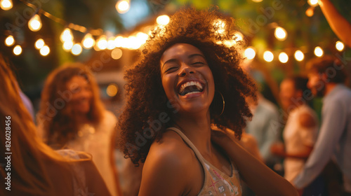 An exuberant woman with curly hair laughing heartily at a nighttime outdoor party with blurred guests in the background