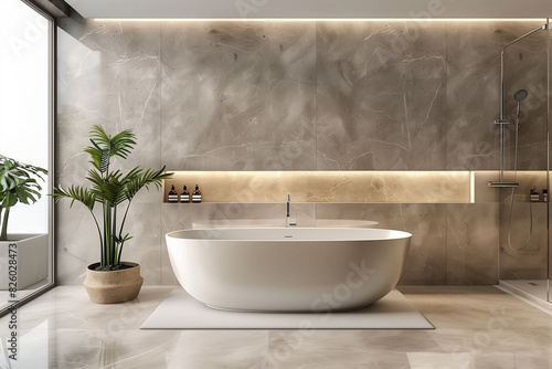 there is a large white bathtub in a bathroom with a plant