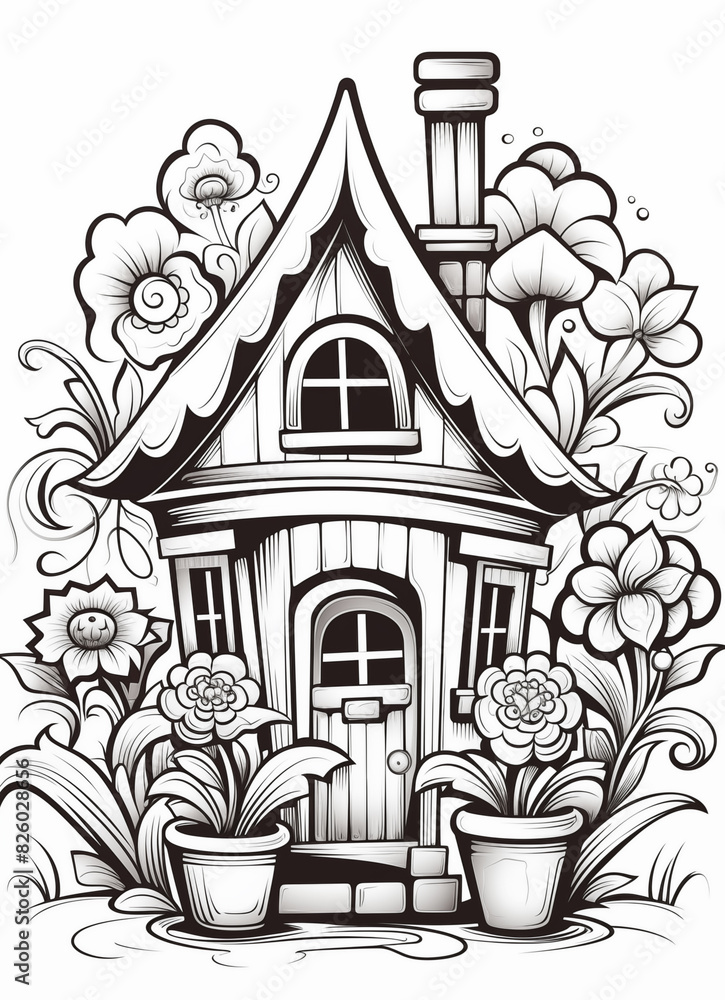 a black and white drawing of a house with flowers and plants