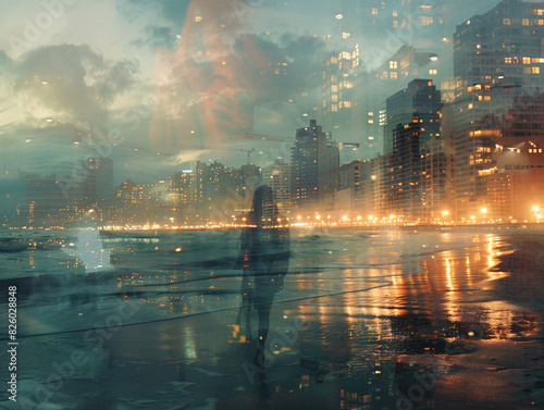 A serene beach scene combined with a bustling night city in a double exposure, representing the balance between relaxation and activity.