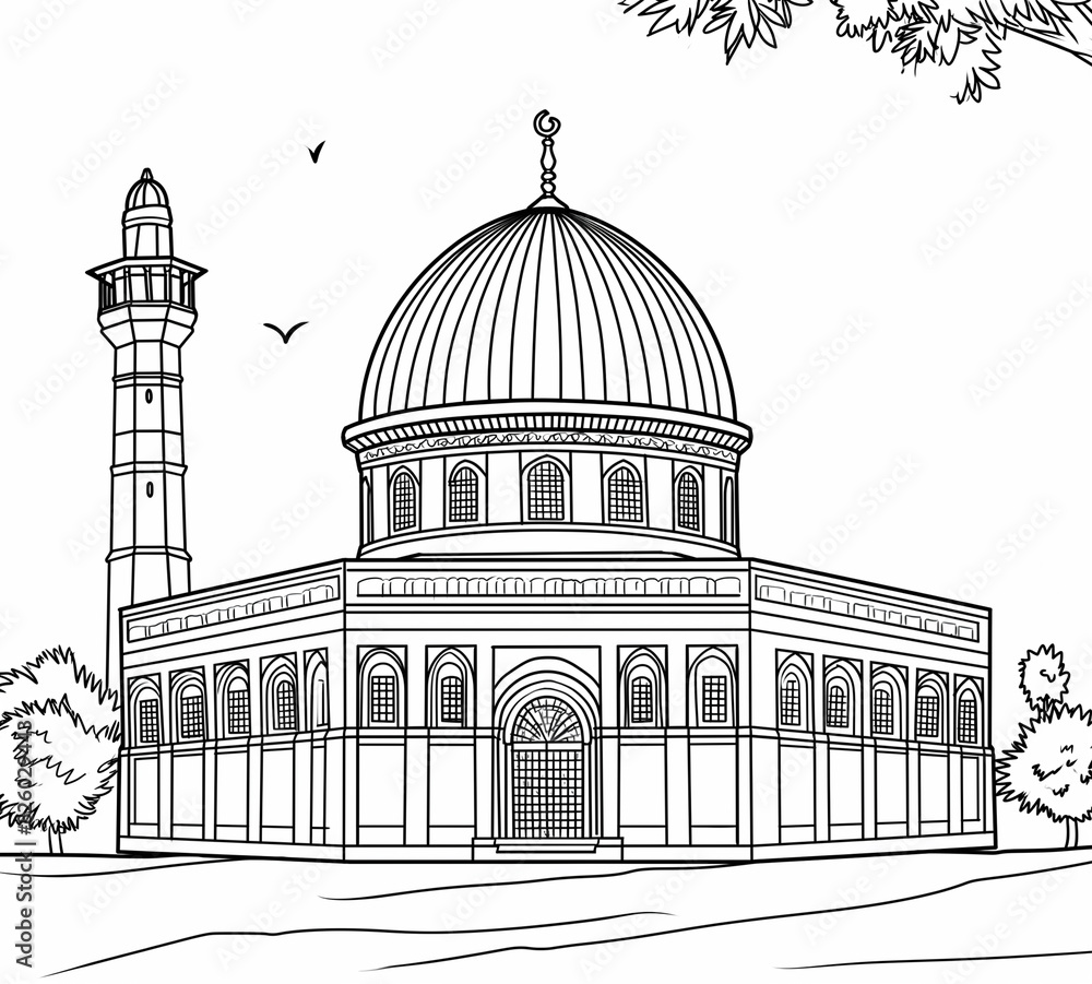 a drawing of a mosque with a dome and a mina