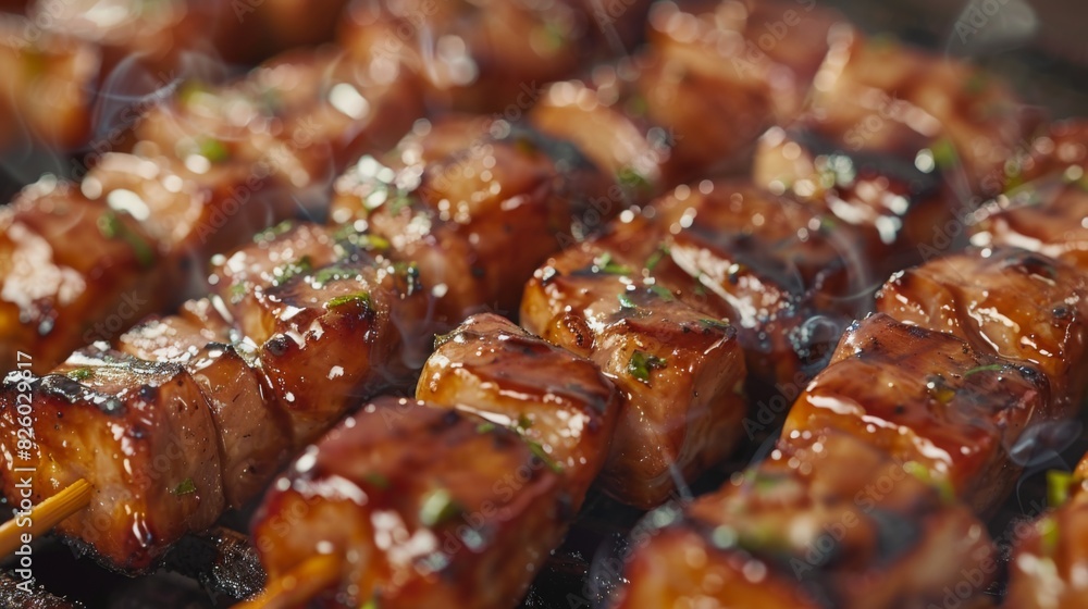 A mouthwatering close-up of pork skewers on a hot grill, the meat caramelizing and the aroma tantalizing the taste buds. A mouthwatering close-up of pork skewers on a hot grill, the meat caramelizing and the aroma tantalizing the taste buds.