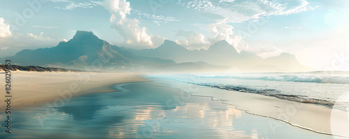 A serene beach scene overlaid with the silhouette of a mountain range in a double exposure, capturing the majesty of natural landscapes. photo