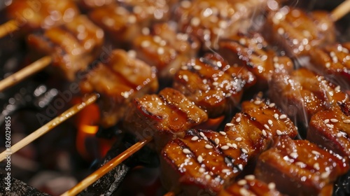 A mouthwatering close-up of pork skewers on a hot grill  the meat caramelizing and the aroma tantalizing the taste buds.