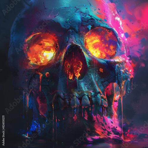 brightly colored digital painting of a skull with glowing eyes