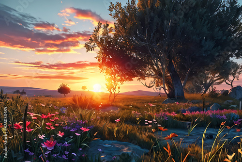 Sunset envelops a vast plain, blades of grass reaching towards the dying sun, peppered with vibrant spring florals and maturing trees- Ultra HD.