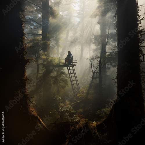 there is a man sitting on a ladder in the woods