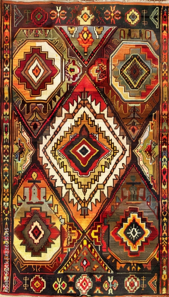 Fototapeta premium Textures of traditional wool carpet with geometric pattern. Ornament rug background