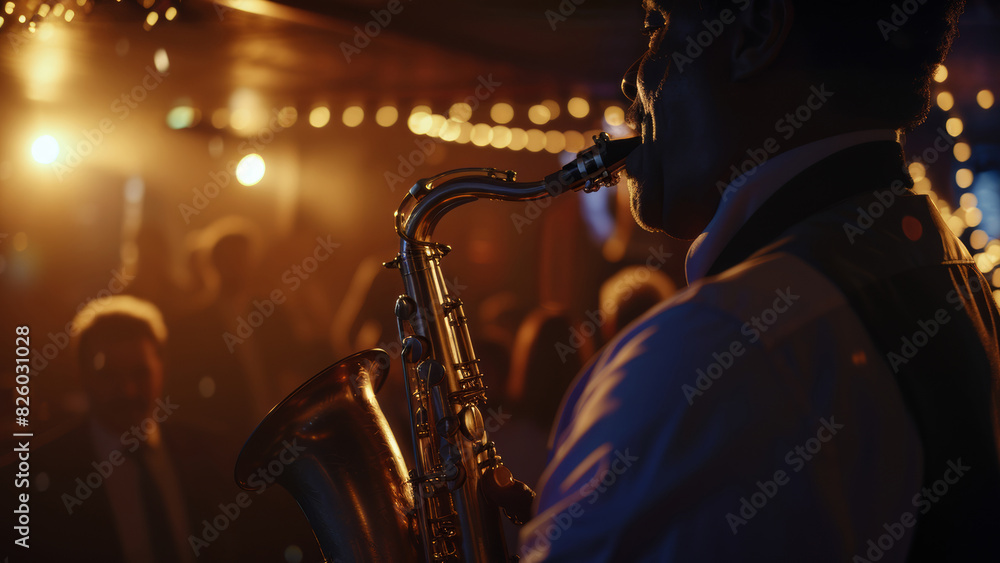 Obraz premium Silhouetted saxophonist engrossed in the jazz rhythm under warm stage lights.