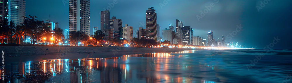 Fototapeta premium A serene beach scene combined with a bustling night city in a double exposure, showcasing the contrast between peace and excitement.