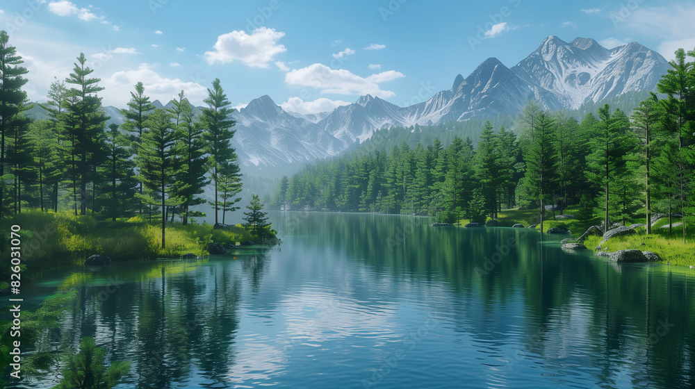 there is a painting of a lake surrounded by trees and mountains