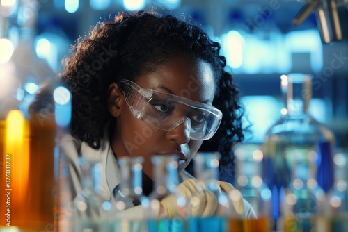 arafed woman in a lab coat and goggles looking at a pipe