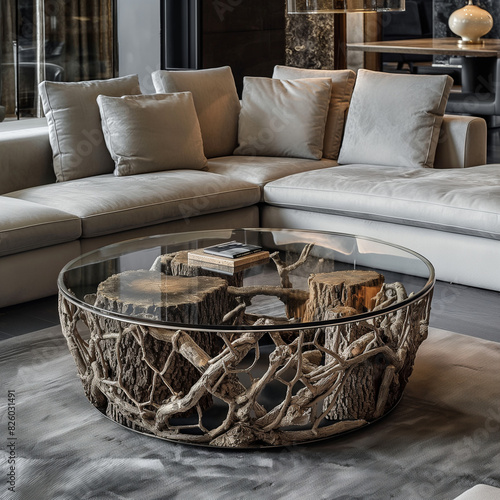 arafed coffee table with a glass top and a wooden base photo