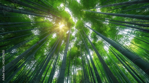 A dense bamboo forest with towering green stalks stretching towards the sky  creating a serene and otherworldly atmosphere