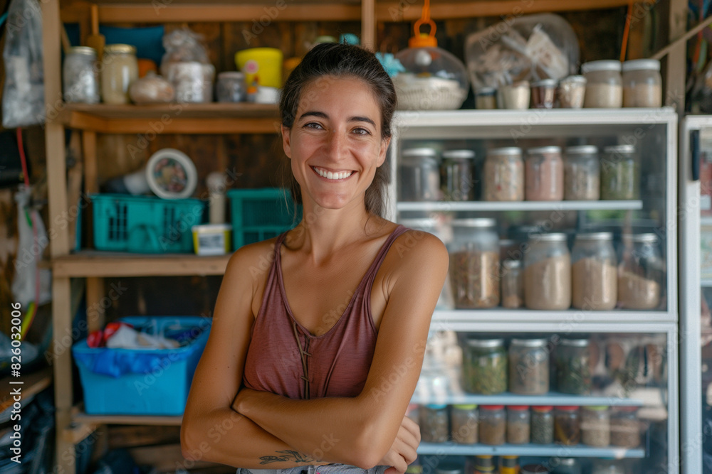 smiling woman standing in front of a shelf of spices and jars