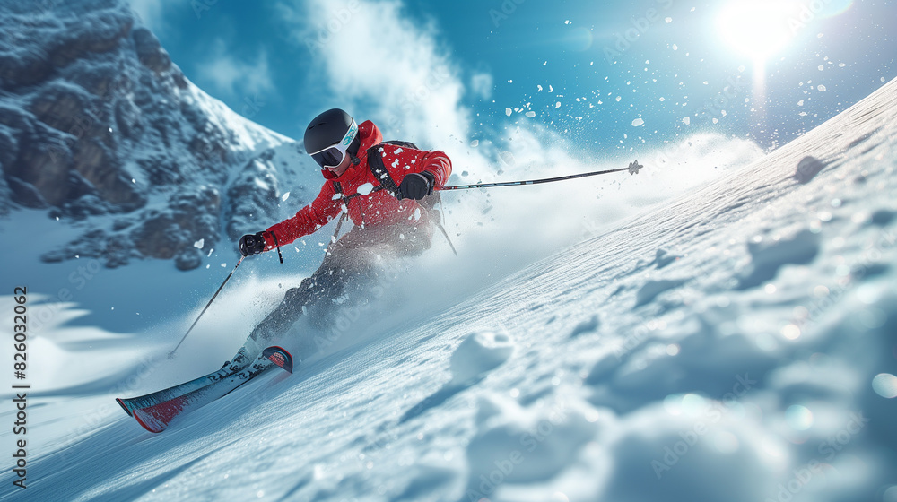 skier in red jacket skiing down a snowy mountain slope