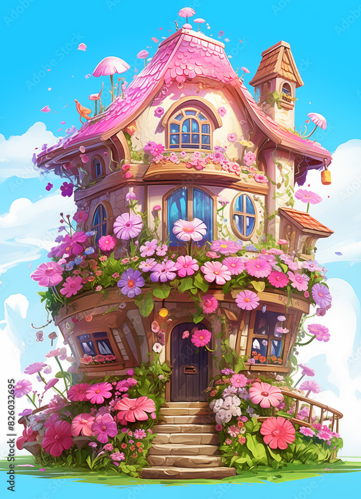 cartoon house with flowers and butterflies on a sunny day