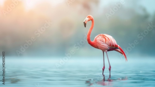 A stunning shot of a lone flamingo standing gracefully in calm water, framed by soft, serene background scenery. Ideal for nature and wildlife themes. 