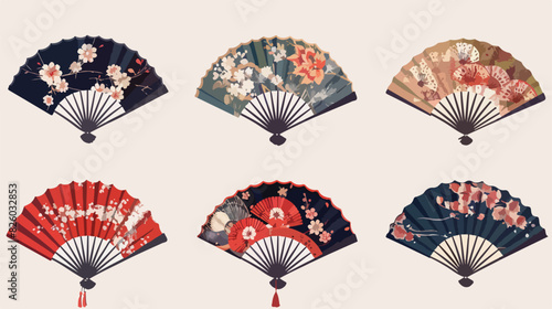 Japanese paper fans. Asian traditional folding hand