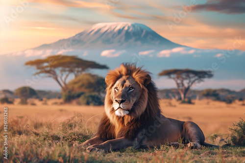 royal beautiful male lion sitting on grassland in the savannah photo