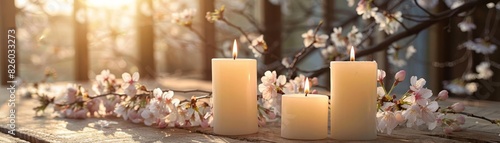 Calming wellness retreat, candles alight amid cherry blossoms on a rustic table, gentle sunlight filtering through photo