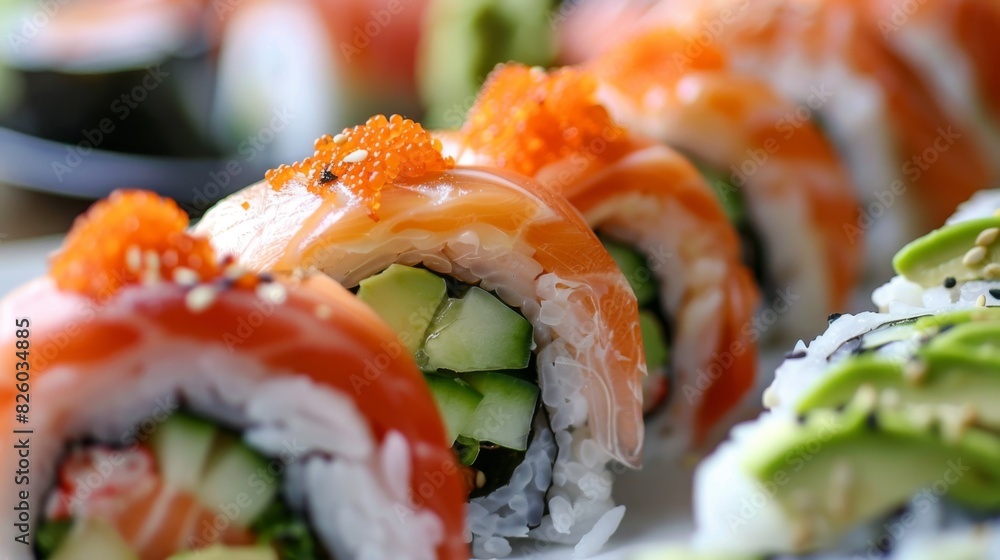 A platter of sushi rolls filled with fresh salmon, avocado, and cucumber, garnished with tobiko and served with soy sauce and wasabi. A platter of sushi rolls filled with fresh salmon, avocado, and cucumber, garnished with tobiko and served with soy sauce and wasabi.