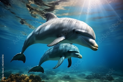 dolphins swimming in the ocean with sunlight shining through the water