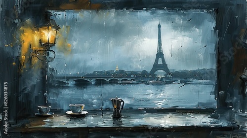 Eiffel Tower seen through cafe window, rainy day, sketch style, monochrome with blue accents photo